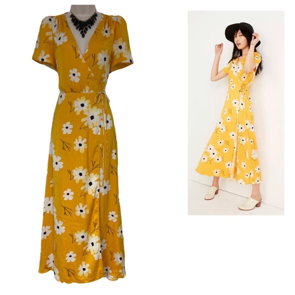 Size Small MADEWELL Gold Puff-Sleeve Wrap Midi Dress in Ikat Floral Summer